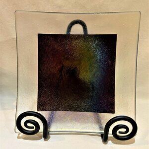 Kurt McVay Art Glass Plate Tray Platter 8.75" Signed Square Oil Slick Iridescent